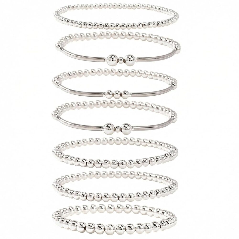 Silver Beaded Ball Stack Bracelets Sets for Women，Stackable Trendy